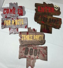  3 Halloween Decorations Beware Signs Yard Stakes Outdoor ZOMBIE spooky horror