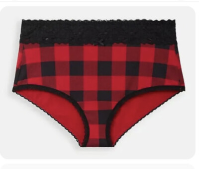 Torrid Checker Plaid Brief Panty Cotton & Lace Trim Red Black Plus Sz 3 3X 22-24