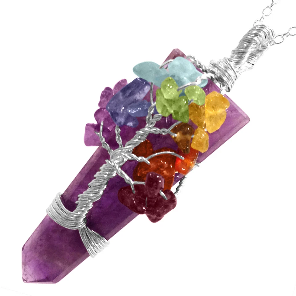 Collar de piedras preciosas envolvente de alambre de plata colgante chakra árbol de la vida cristal amatista Foto 4 de 4