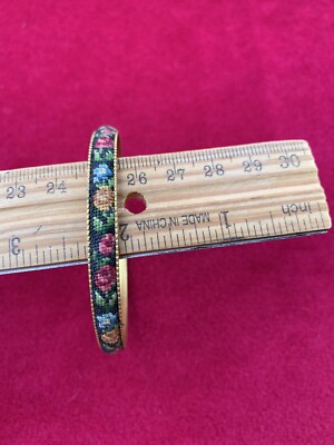 Bangle Gold Tone Bracelet Needlepoint Roses & Silver Tone Clip on