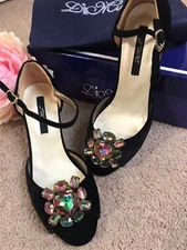 NIB  Sz6 Black Suede 2.5” Heel Rhinestone Crystal Clip Open Toe Latin Ballroom