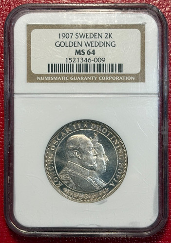 NGC MS64 1907 SWEDEN SILVER 2 KRONER GOLDEN WEDDING COIN PROOF-LIKE-JUN003