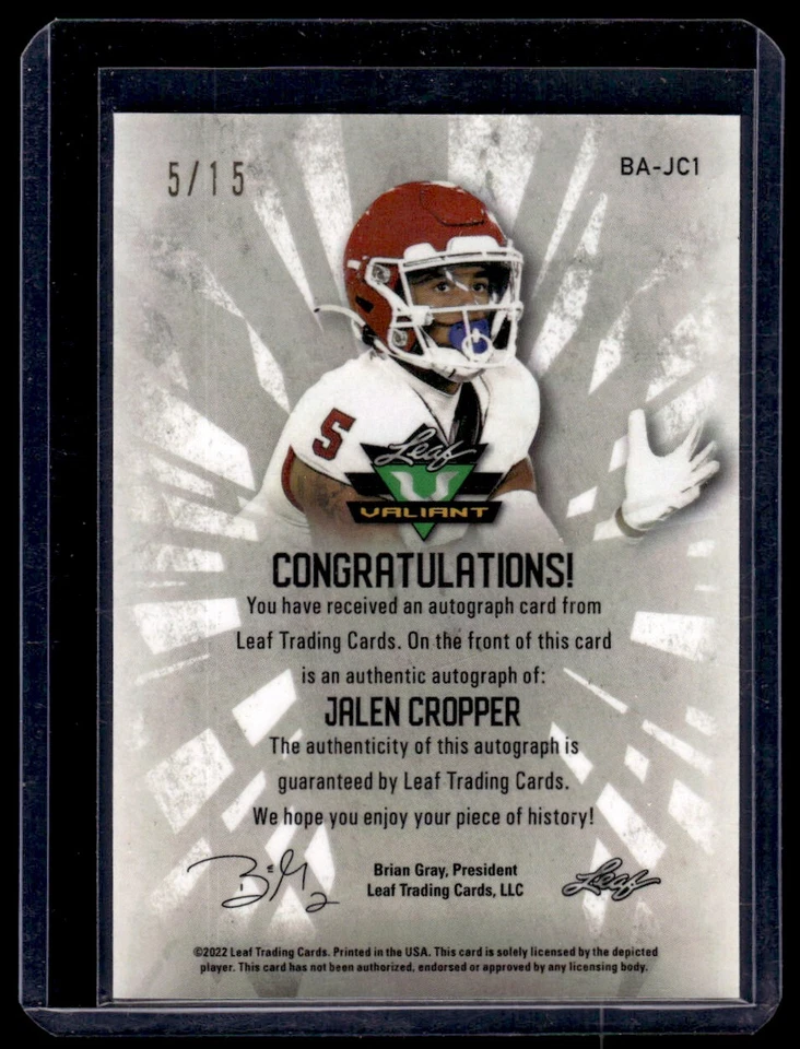 2022 Leaf Valiant Rookie Auto Jalen Cropper Rookie Auto 5/15 #BA-JC1 - Image 2 of 2