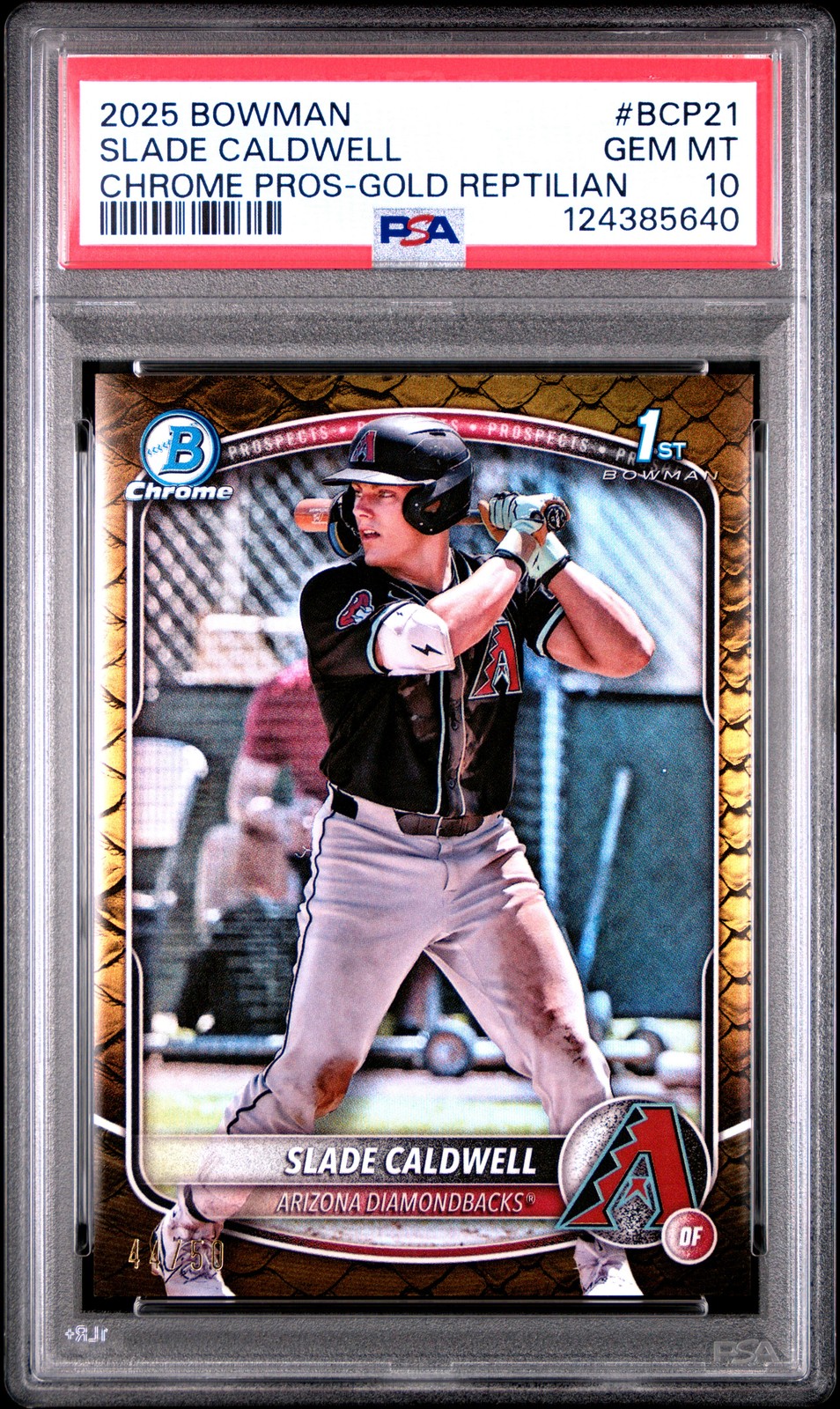 2025 BOWMAN CHROME PROSPECTS GOLD REPTILIAN #BCP21 SLADE CALDWELL 44/50 PSA 10