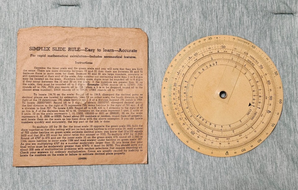 A 1944 WWII-era aeronautical circular slide rule — literally the tool pilots used to calculate speed, fuel, and distance mid-flight before computers existed.