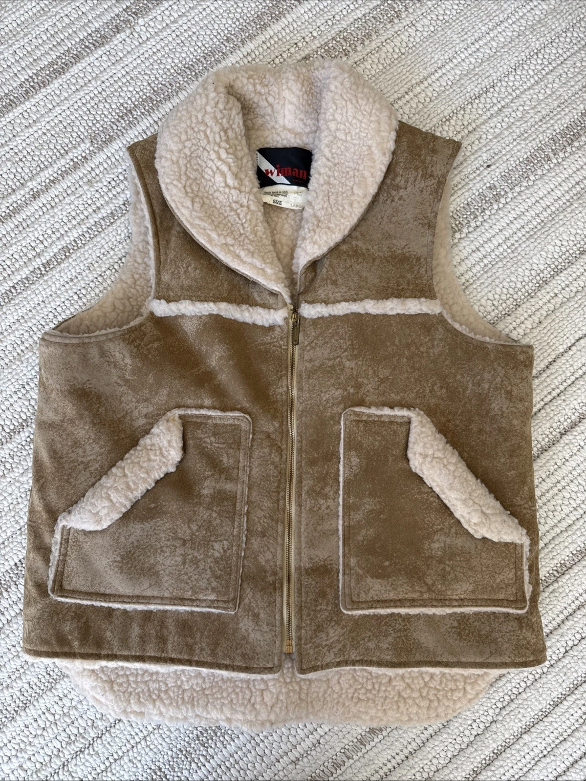 Vintage WIMAN Zip Up Vest Sherpa Lined Tan Vinyl Suede Made in USA size Large
