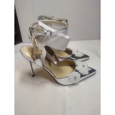 Nine West Silver Metallic Floral Ankle Strap Pointed Toe Stiletto Pumps Size 7M