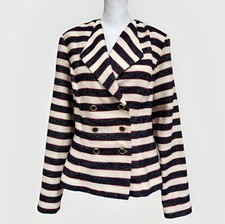 Cabi Nautical Cruise Blazer Jacket Womens 10 Navy Cream Striped Double Breasted