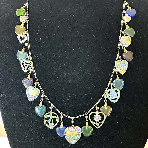 Vintage Glass Works Studio Necklace Heart Charms Glass Enamel 30”