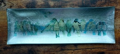 Pier 1 Imports Silver Crackle Bird On A Wire Print Rectangle Tray Platter 18x6''