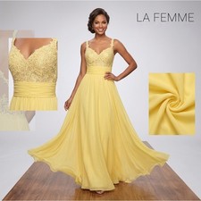 LA FEMME Lemon Yellow Lace & Chiffon Gown Embellished Dress Size 8 19882