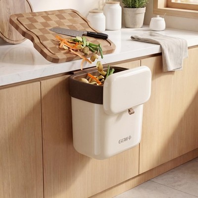 3.9 Kitchen Compost Bin With Lid Under Cabinet Waste Container Cream Color