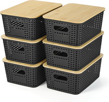 6 Pack Plastic Storage Baskets with Bamboo Lids for Organization