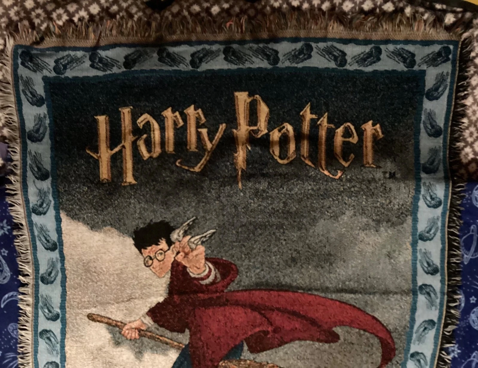 Vintage Harry Potter Throw Blanket Quidditch Hand Woven Fringed Warner Bros 2000