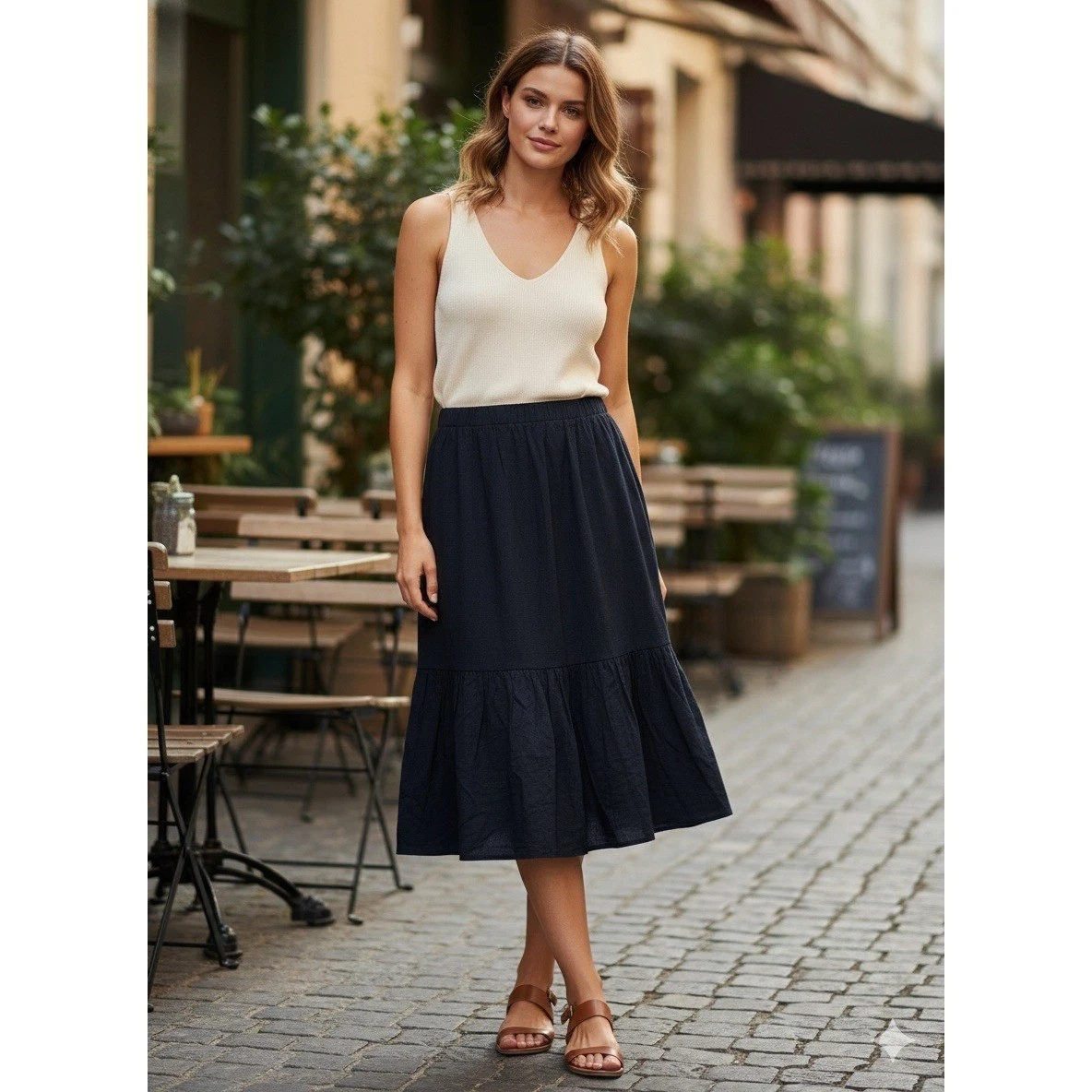 J Jill Navy Blue Petite Maxi Skirt Elastic Waist Tiered Ruffle Linen Blend S New