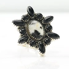 Sterling Silver Ring Onyx, Agate Large Black, white Size Adjustable