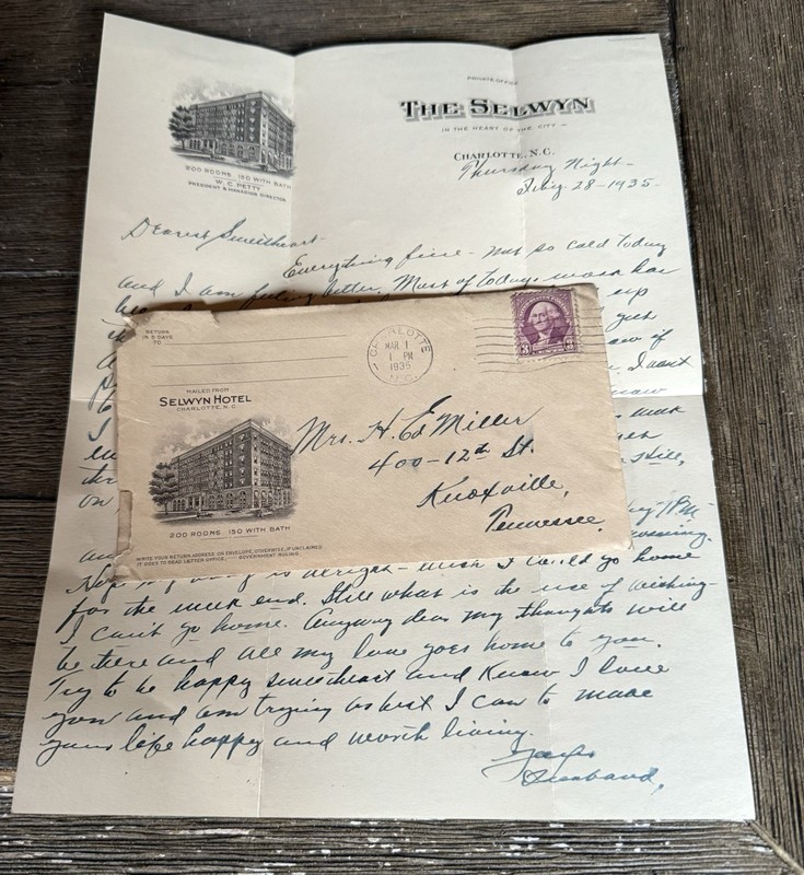 Vintage 1935 Selwyn Hotel Letter And Envelope Charlotte NC