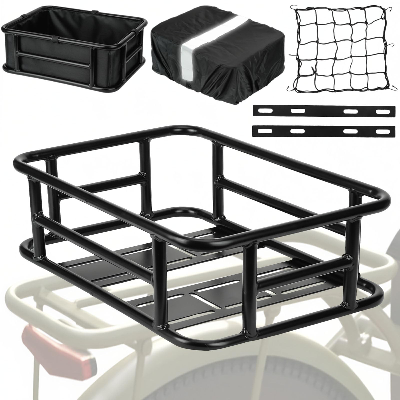 Bike Basket Rear - Large Capacity Heavy Duty 16.54 "L x 12.6 "H x 6 "W, Black 