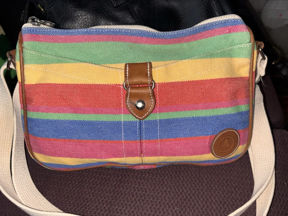 LIZ CLAIBORNE LEATHER TRIMMED STRIPED CANVAS BAG HANDBAG PURSE Rainbow Stripes - Image 2 of 4