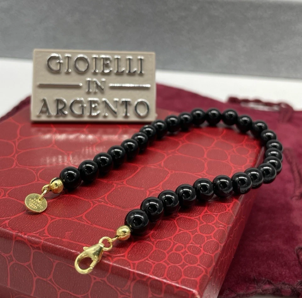BRACCIALE DONNA PIETRE ROTONDE ONICE NERO LISCIO ARGENTO 925 DORATO MADE IN ITA - Immagine 3 di 4