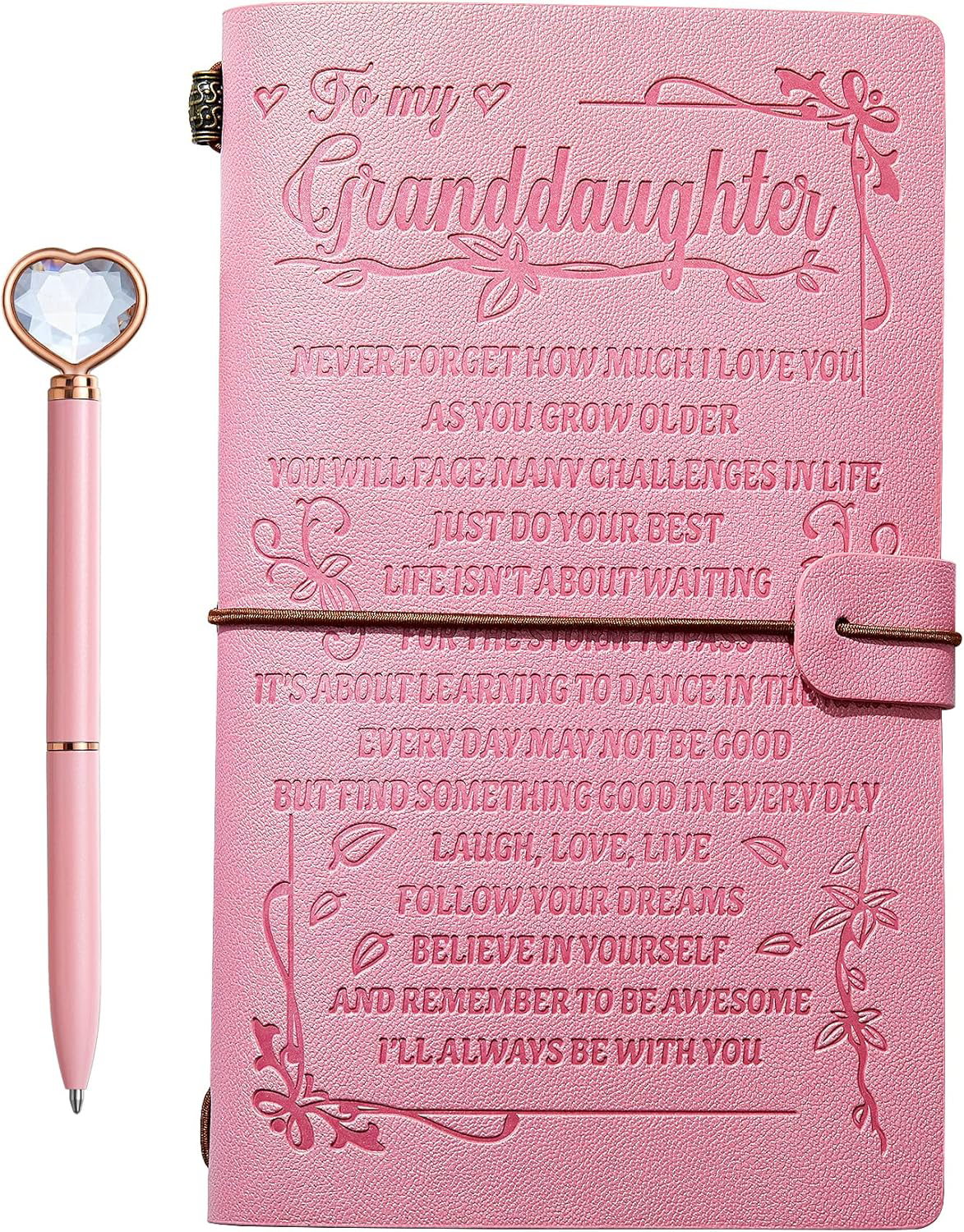Pink Leather Journal and Heart Diamond Pen Set for Granddaughter Gifts