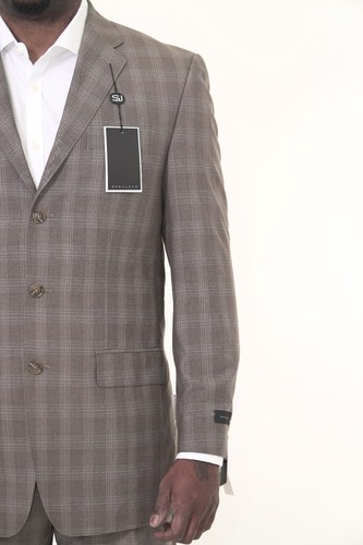 $395 Sean John Classic Fit Marrón claro Plaid 3 botones Traje plisado con puños delanteros - Imagen 4 de 7