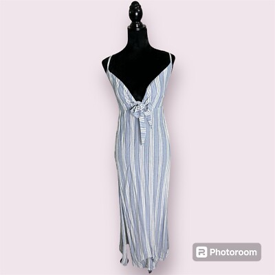 White And Blue Striped Maxi Dress Tie Bow In front Adjustable Straps Side  Split | eBay