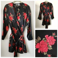 Vintage SOSTANZA Red Roses Flowers Black Belted Sleepwear Robe Intimate S