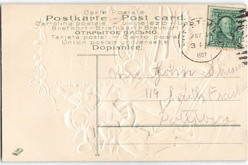 1907 Birthday Greeting People Car Horn Snow Embossed VTG Postcard SK2. - Picture 2 of 2