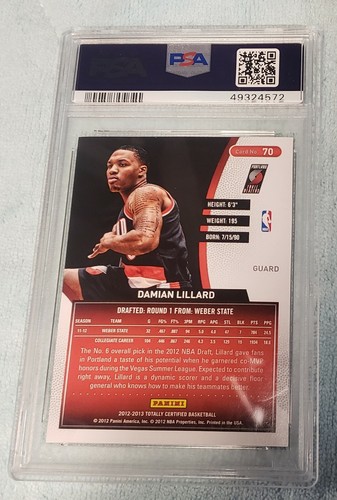 2012 Totally Certified Damian Lillard No. 70 Red Rookie Card # /499 PSA 9 POP 17 - Picture 2 of 2