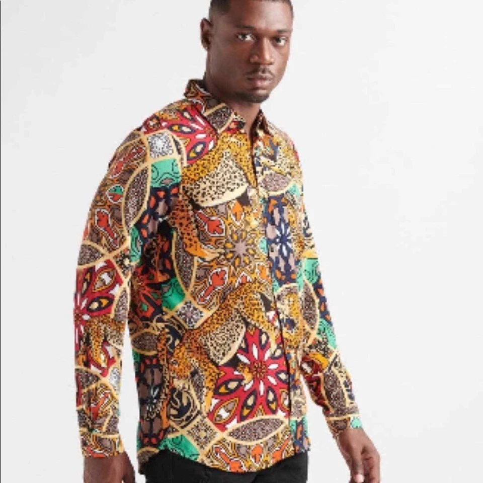 Reason casual button down mens sz M funky retro animal print Cheetah - Image 3 of 4