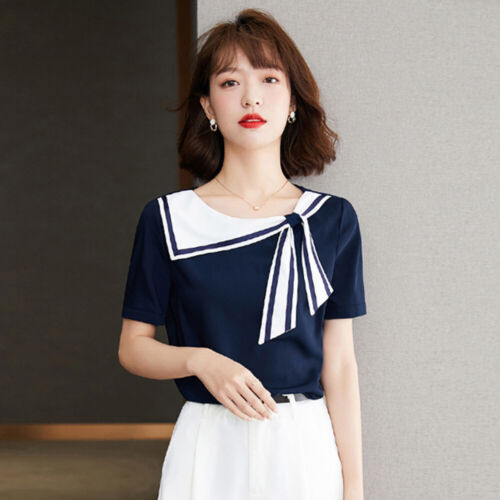 Ladies Chiffon Asymmetric Sailor Collar Top Shirt Short Sleeve T-shirt White - Picture 14 of 14