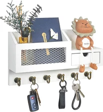 Key and Mail Holder for Wall, Mail Organizer Wall Mount with 6 Hooks and Storage