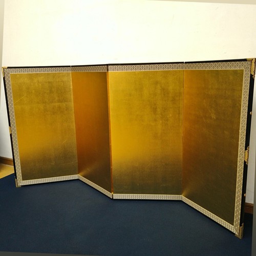Japanese Four-Panel Gold Folding Screen Samurai Decoration Byobu Wooden Frame - Picture 2 of 13