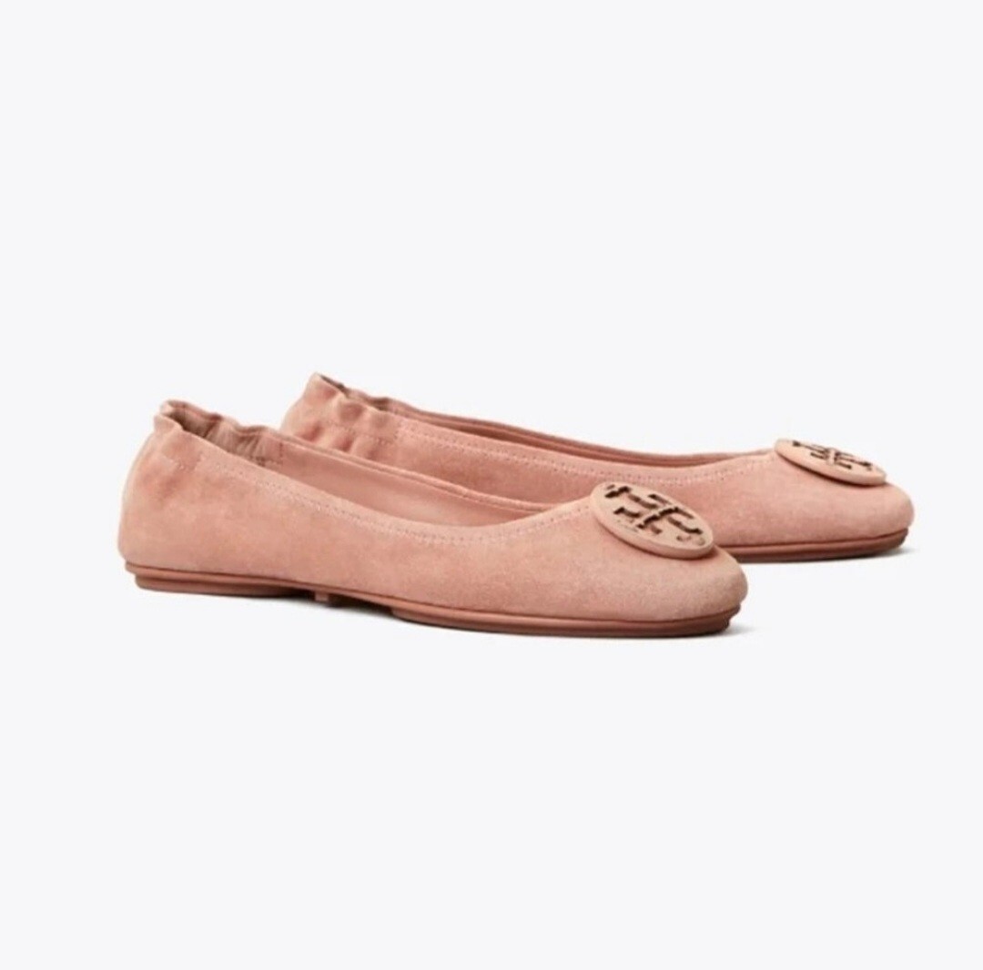 NIB! TORY BURCH New Minnie Travel Ballet Flats Malva Suede Leather Sz.9