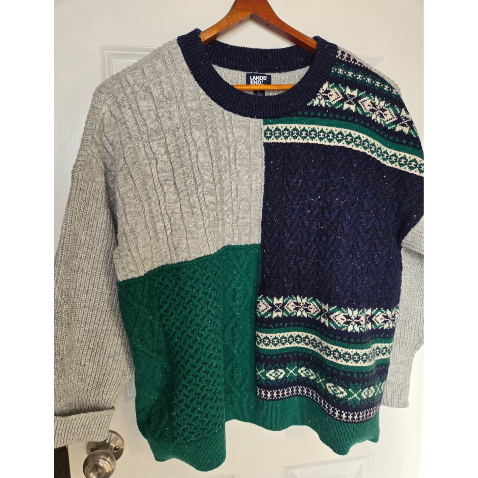 LANDS END Women's Patchwork Cable-Knit Crewneck S… - image 4