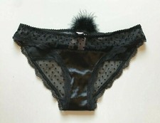 VICTORIA'S SECRET Size XS Dream Angels Cheekini Panty Black Mesh Dots with Pom