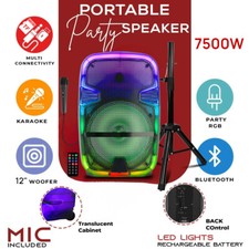 12  PORTABLE BLUETOOTH SPEAKER WITH TRANSLUCENT MOTION PARTY LIGHT  MIC  STAND