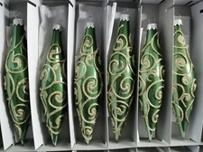 Lot 6 Czech blown glass green oval Christmas tree ornaments hand decorated