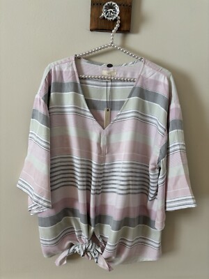 NWT Cupio Womens Size XL Striped Blouse Tie Front Rayon Bell Sleeve