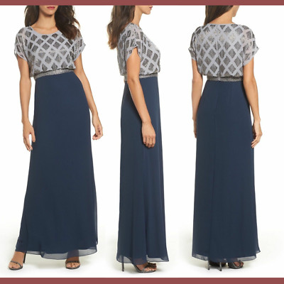 NWT Adrianna Papell Beaded Colorblock Blouson Gown Silver Navy [SZ 6P ] #G497