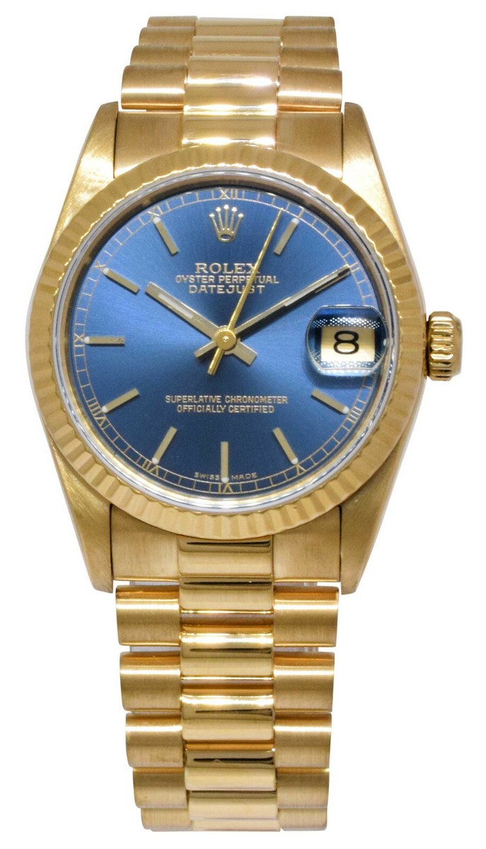 Rolex Datejust President 18k Yellow Gold Blue Dial Ladies 31mm