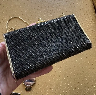 Judith Leiber Black Crystal Minaudiere Clutch Gold Frame Evening Bag Chain Strap - Image 1 of 4