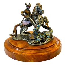 Vintage St. George Fighting the Dragon Bronze Statue Warrior Figurine Wood Base