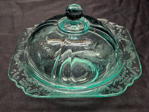 Indiana Glass Recollection Madrid Teal Covered Butter Dish 6.75"