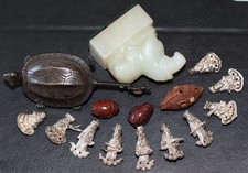 antique Chinese hediao nuts, jade seal, 28g silver & bronze padlock Qing Dynasty