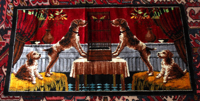 Vtg Dogs and Bird Cage Tapestry Wall Hanging Made In Italy 38 X19 