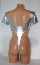 Women Thong Leotard 105-09 Short Sleeve High Open Thig Silver Spandex Size S