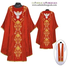 NEW Red Gothic Chasuble and Stole set with HOLY SPIRIT Embroidery, Casula, Casel