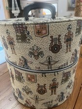 Vintage Munro Tapestry Hat Box 13  Round Medieval Heraldic Travel Case